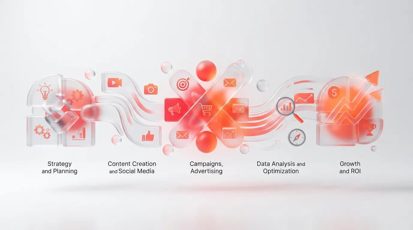 Sơ đồ tổng quan công việc của Digital Marketing hiện đại tích hợp công nghệ AI và dữ liệu
