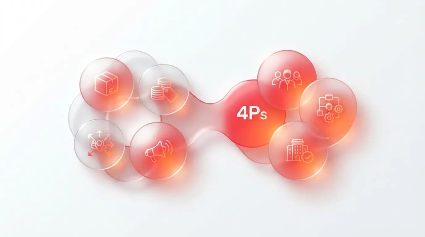 Sơ đồ mô hình Marketing 4Ps gồm Product Price Place Promotion trong doanh nghiệp
