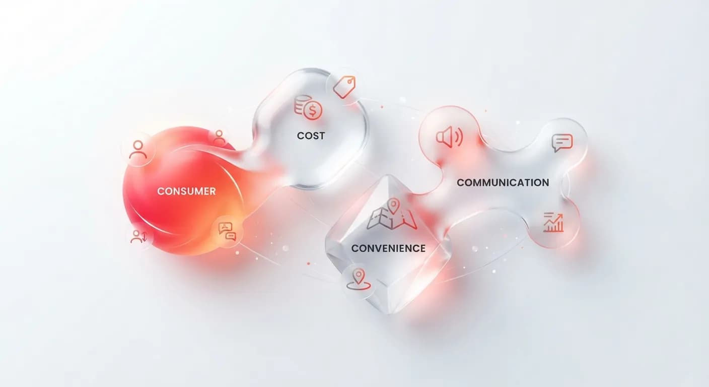 Sơ đồ tổng quan mô hình 4C trong marketing gồm Customer Solution Cost Convenience và Communication