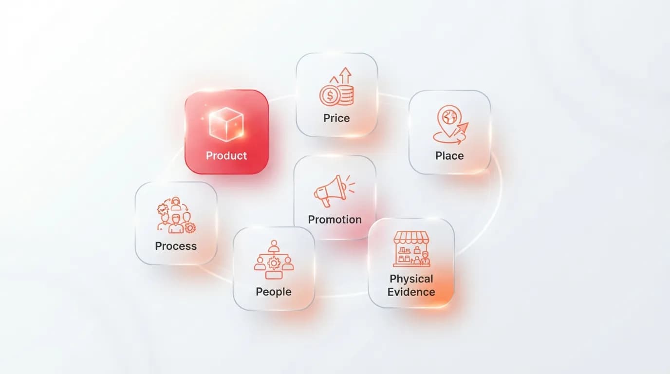 Sơ đồ mô hình 7P trong marketing mix bao gồm 7 yếu tố cốt lõi cho ngành dịch vụ