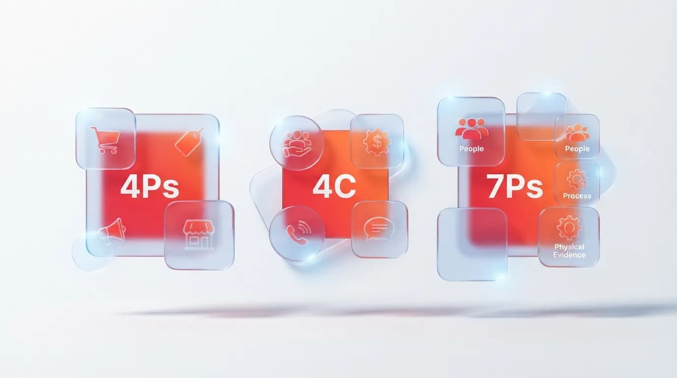 Sơ đồ so sánh và phân biệt mô hình 4P 4C 7P trong marketing mix