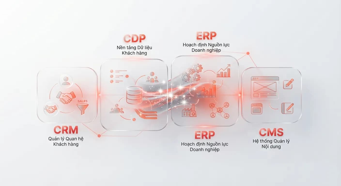 Sơ đồ kiến trúc 4 hệ sinh thái công nghệ CMS, CRM, CDP và ERP