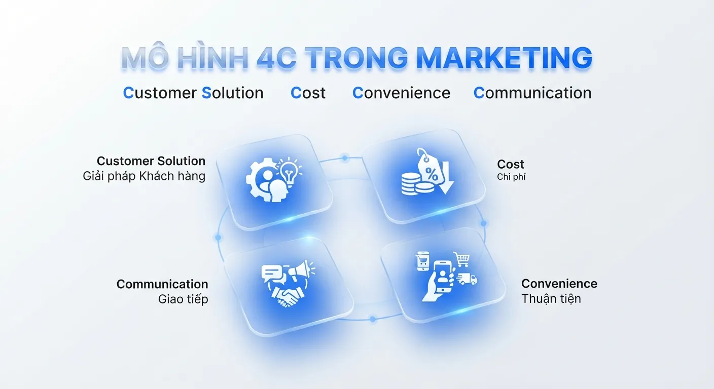 Mô hình 4C trong marketing bao gồm Customer Solution, Cost, Convenience và Communication