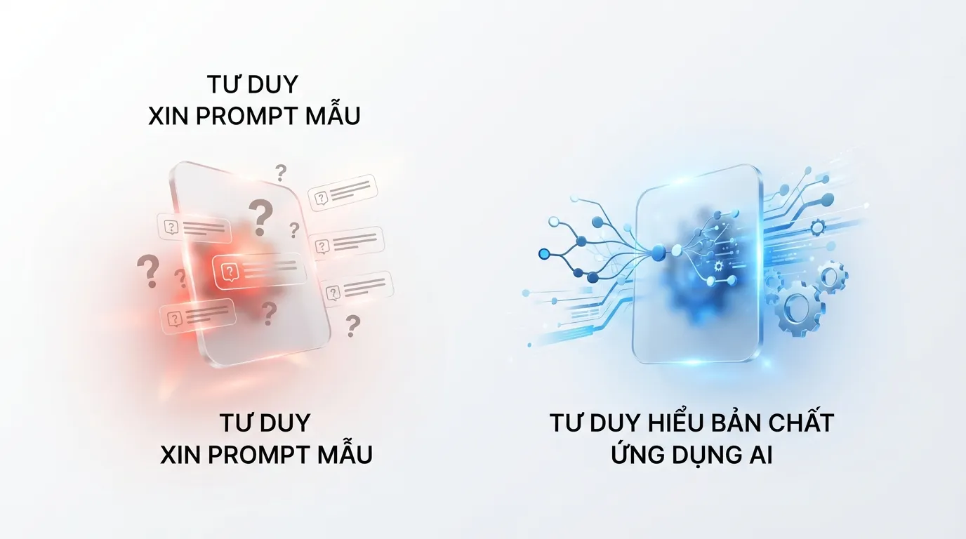Sơ đồ so sánh tư duy xin prompt mẫu và tư duy hiểu bản chất ứng dụng AI